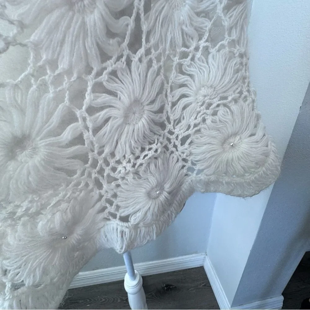 Handmade Crochet Cream Shawl Large Floral Pattern Pearl Detail Handmade